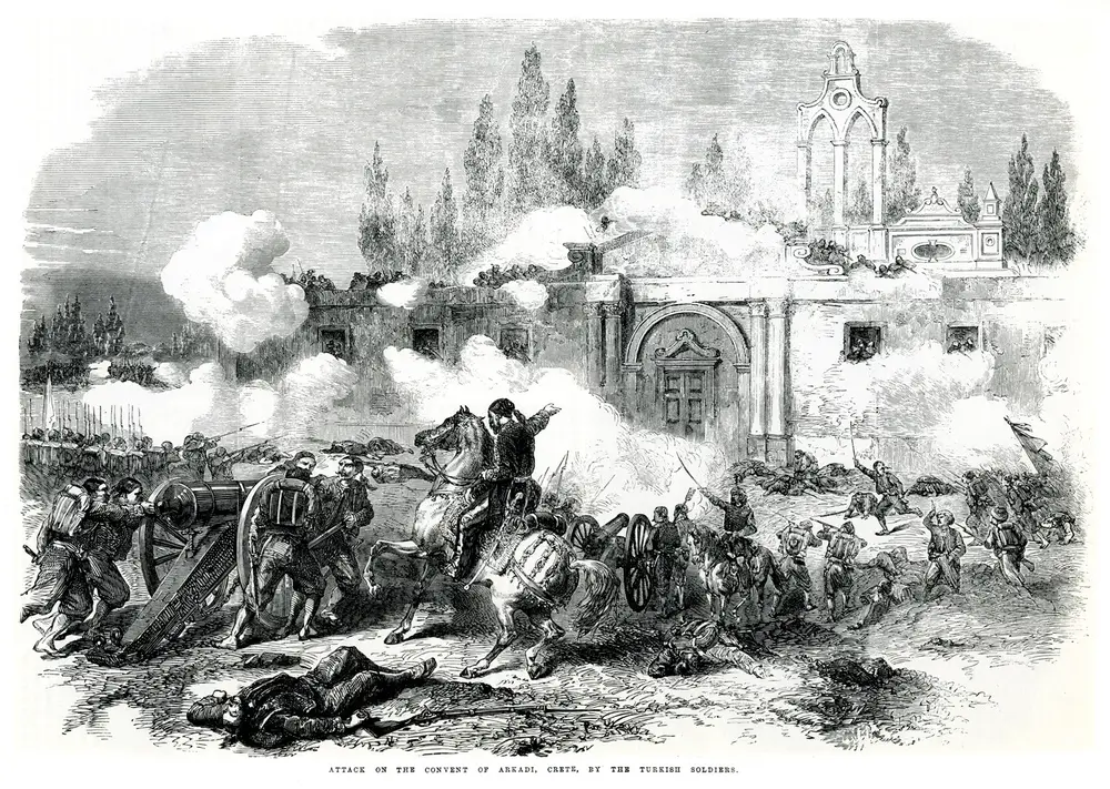 1866 年奥斯曼军队进攻阿卡迪修道院（1867 年版画）