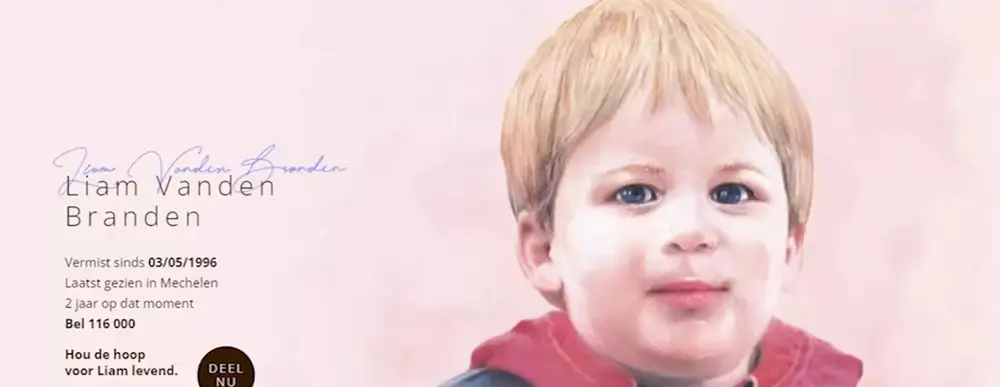 Child Focus 发布的失踪儿童寻人画像（Liam Vanden Branden，1996 年失踪于梅赫伦）