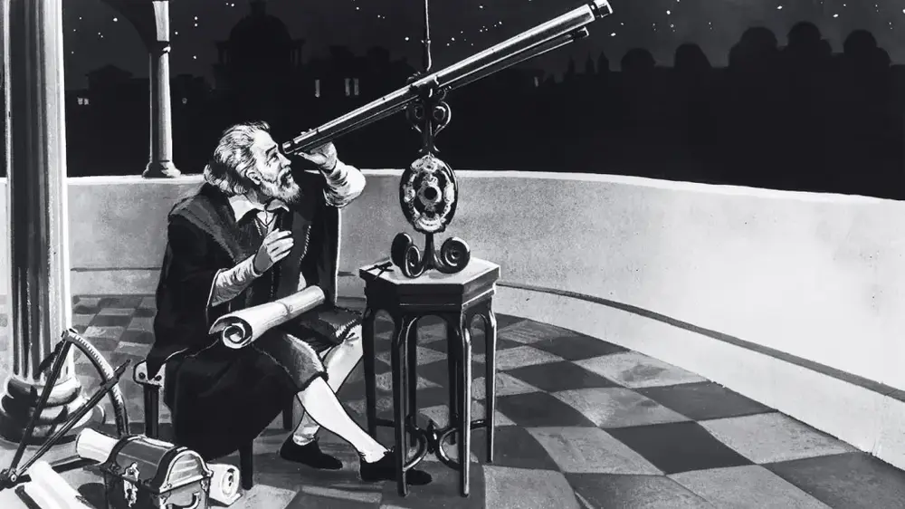 伽利略用望远镜观测星空（插画）