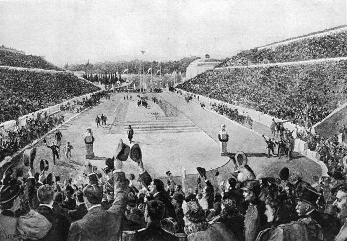 1896年雅典奥运会，路易斯跑进帕纳辛奈科体育场